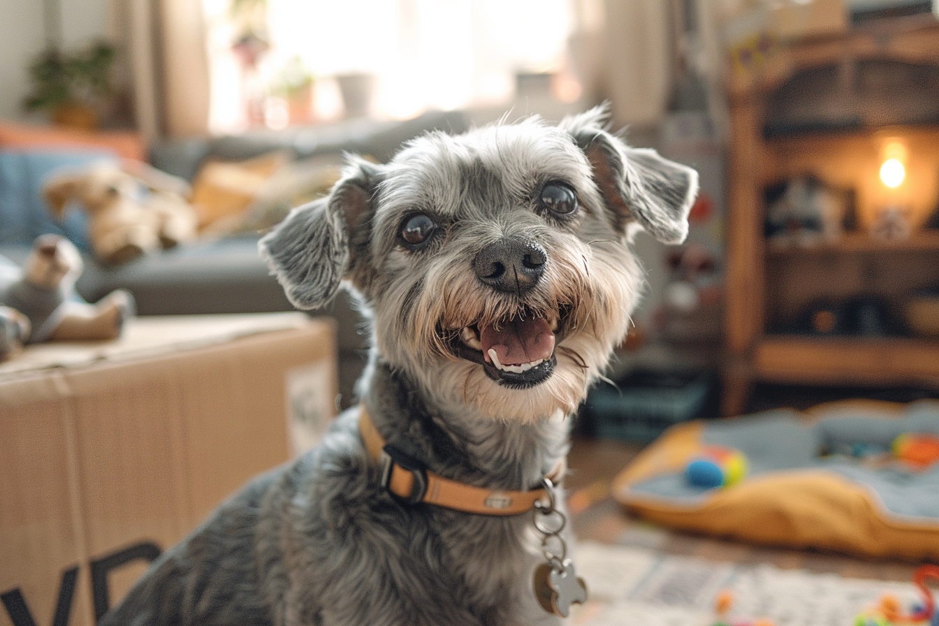 Vieux chien heureux explorant son nouveau quartier à NIORT après un déménagement réussi